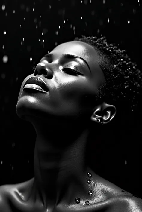 An image of a stunning beautiful black woman in monochrome with her head tilted back, her face and natural hair drenched with water droplets. Her eyes are closed, and there's a peaceful expression on her face. The natural hair is slicked back due to the we...