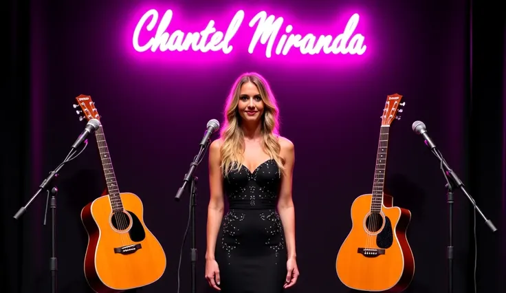 Picture of a stage, Where two acoustic guitars are shown , two microphones and in the center a fair-haired woman wearing a black dress with rhinestones, Above a neon sign with the word "Chantel Miranda"