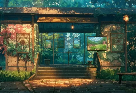 painting of a building with a bench and a tree in front of it, anime background art, anime background, colorful anime movie background, anime scenery concept art, ( ( makoto shinkai ) ), style of makoto shinkai, anime scenery, beautiful anime scene, anime ...