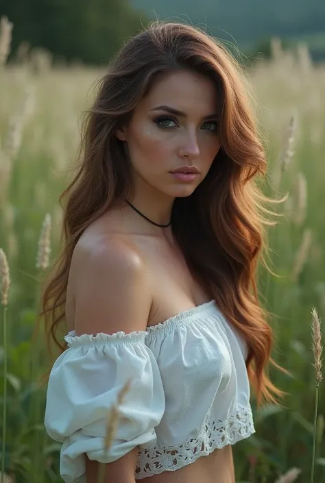 arafed woman with very long hair, "dark eye shadow and eye liner", in a white top standing in a field, wearing a cute top, wearing a sexy cropped top, wearing a cropped top, white halter top, crop top, cute top, off the shoulder shirt, boho style