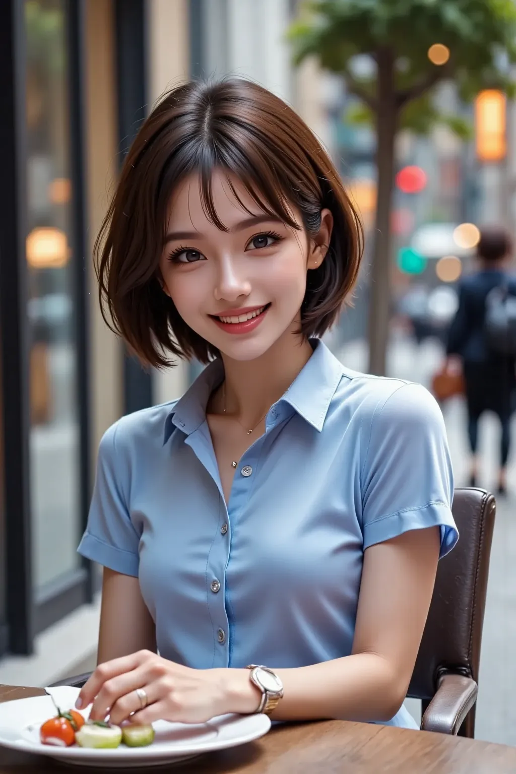 She's wearing a blue shirt with a butterfly bridge and black jeans.With a bright smile, she expresses her joy by sitting on a chair at a brightly lit high-end restaurant table and watching the food.