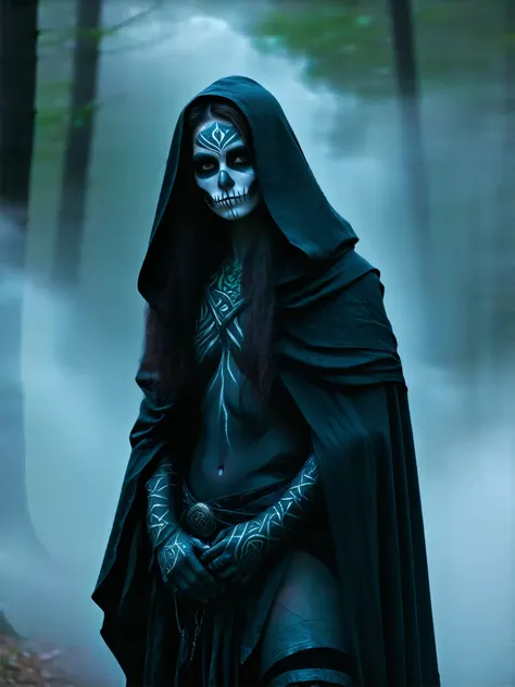 Celtic Witch, tribal face paint, black hooded robe, black clouds, nighttime, foggy, creepy forest background, sexy, seductive, high detail, masterpiece.