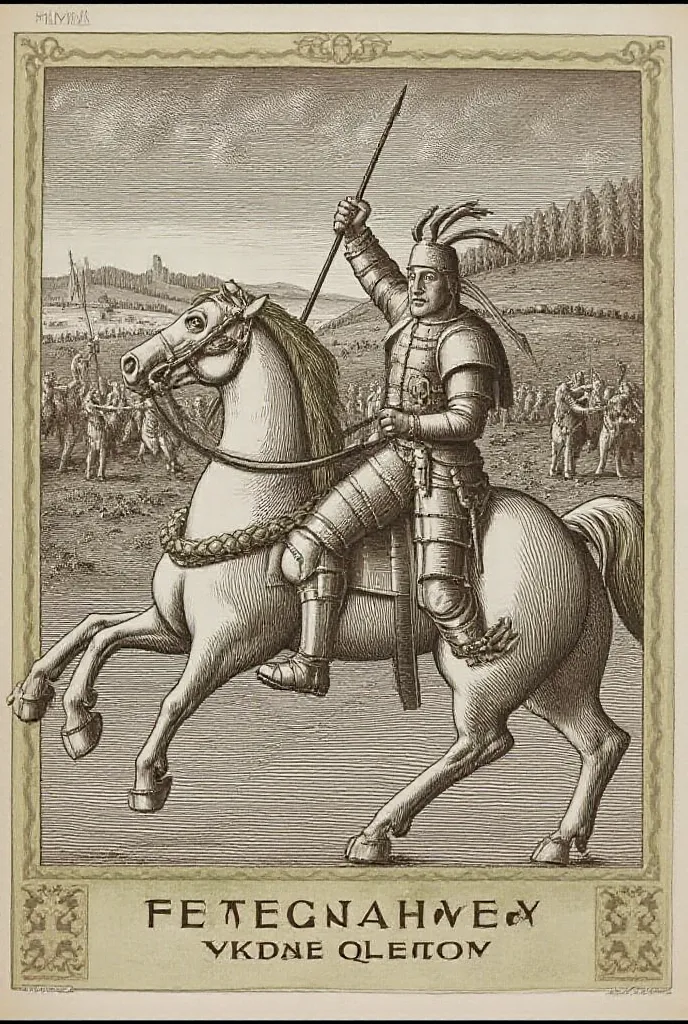 Prince Vseslav of Polotsk defeats the Knights of the Poles with a spear on horseback , 12th century , medieval engraving