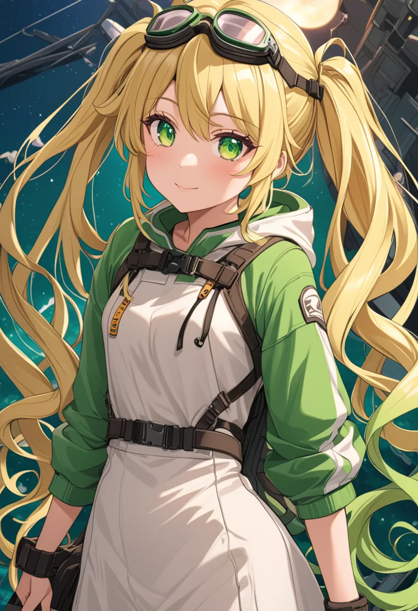 blonde girl, anime, green locks, goggles, curly long hair,twin tails