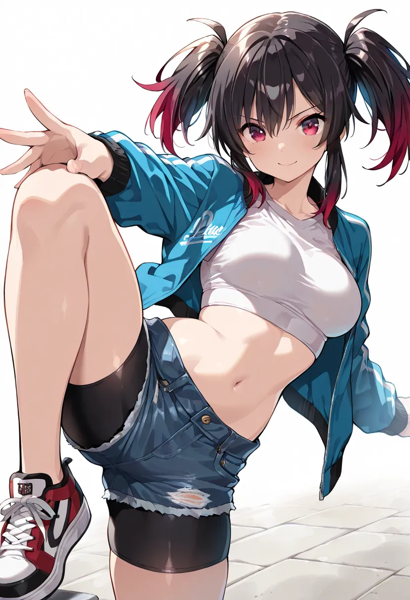 ((masterpiece, best quality, ultra detailed, high resolution, beautiful detailed face, beautiful detailed eyes, perfect hands, 4K)), (1 girl, solo), (medium breasts), (twintails, colored tips), (white crop top black inner, jacket, bike shorts under denim s...