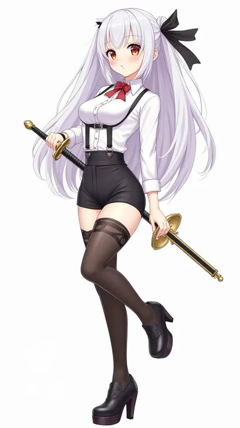 Zenzero、 Genshin、 Resonance、 sexy、looks like she would appear in Soshage、full body、 business shirt 、heel、 harness belt、character design、simple background、Clothes that show through the chest、shorts、garter belt、asymmetrical stockings、Hold a sword in a cool w...