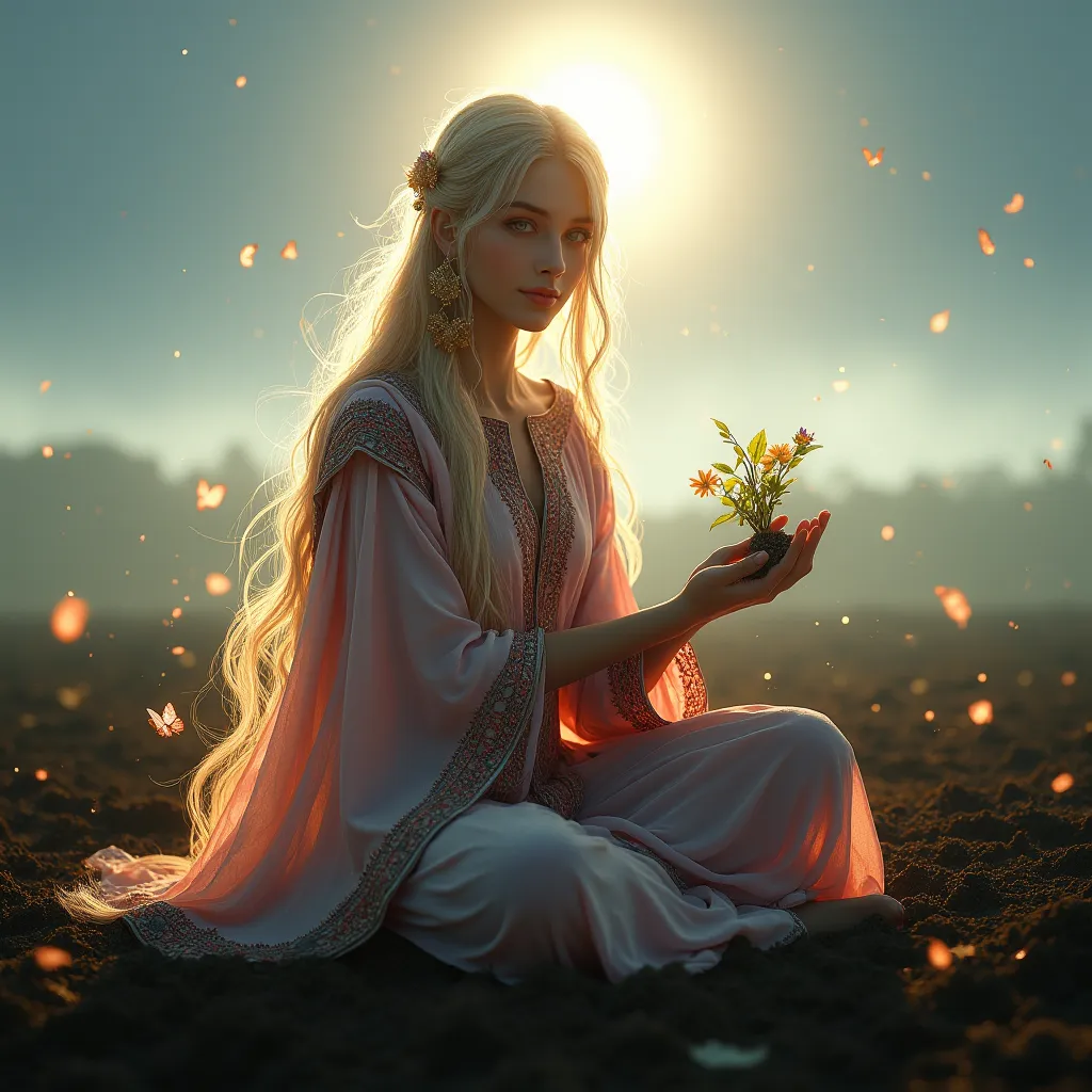 goddess of spring ( Slavyanka, Ancient Rus&#39;,  Young woman  (full height,  long blond fluffy hair , with earrings hanging from it in the form of small suns, long light pink loose shirt with long sleeves and ethnic embroidery on the edges)) sits on the g...