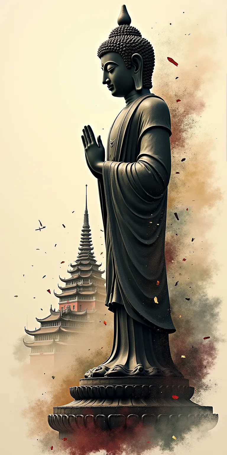 Buddha statue with temple architecture in the background, collage style combining multiple elements and vintage tones in the style of Chinese ink painting, abstract lines and shapes, double exposure effect, ink smudge marks on paper, high resolution, super...