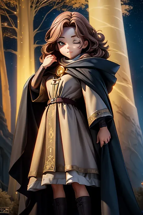 best quality, masterpiece, melina \(elden ring\),1 girl, solo, brown hair, curly hair, black cloak with hood,orange eyes,tunic,belt,boots,full body, ashes and sparks in the air, (closed left eyes:1.2),(Scar on left eyes:1.2), 8k, high resolution, ultra det...