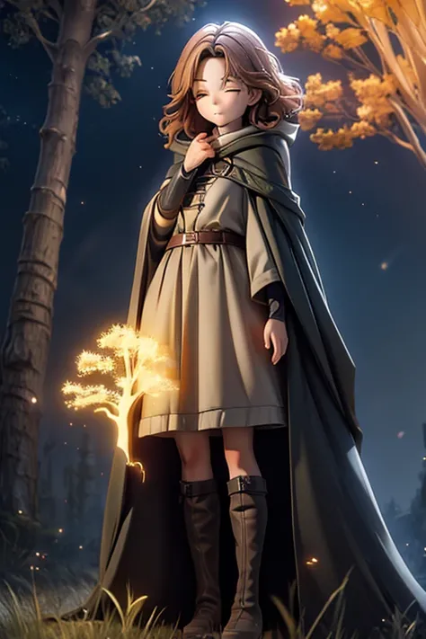 best quality, masterpiece, melina \(elden ring\),1 girl, solo, brown hair, curly hair, black cloak with hood,orange eyes,tunic,belt,boots,full body, ashes and sparks in the air, (closed left eyes:1.2),(Scar on left eyes:1.2), 8k, high resolution, ultra det...