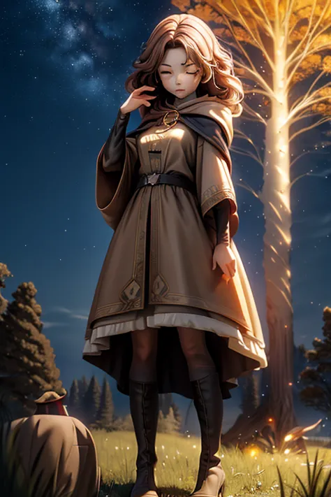 best quality, masterpiece, melina \(elden ring\),1 girl, solo, brown hair, curly hair, black cloak with hood,orange eyes,tunic,belt,boots,full body, ashes and sparks in the air, (closed left eyes:1.2),(Scar on left eyes:1.2), 8k, high resolution, ultra det...