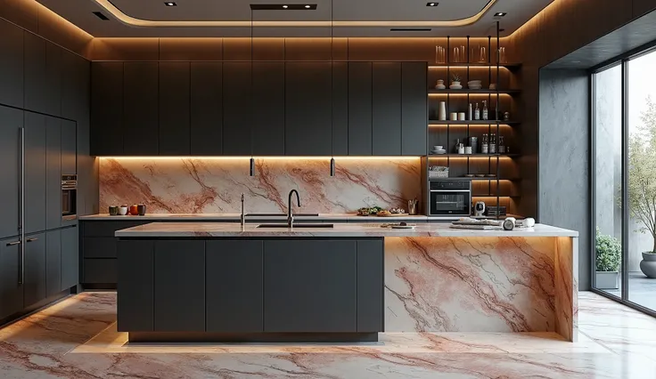 Modern, sophisticated, custom kitchen in dark tones and color accents with large cabinets and a special center bar, marble countertop with color gradients. 45-degree view