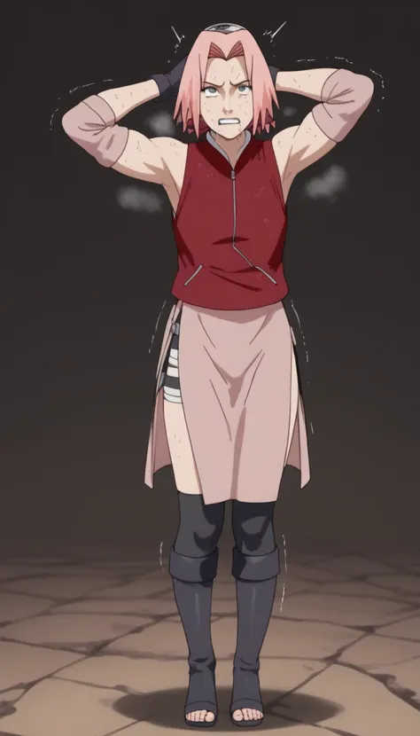 perfect face, angry, ahegao, (rolled back eyes), wrinkles between eyes, 1girl, sweat, tears, sakura haruno, muscle, big biceps, dirty body, pink hair, short hair, dark,stretch nipples, flat chested, black gloves, pink elbow warmers, (toeless boots), black ...