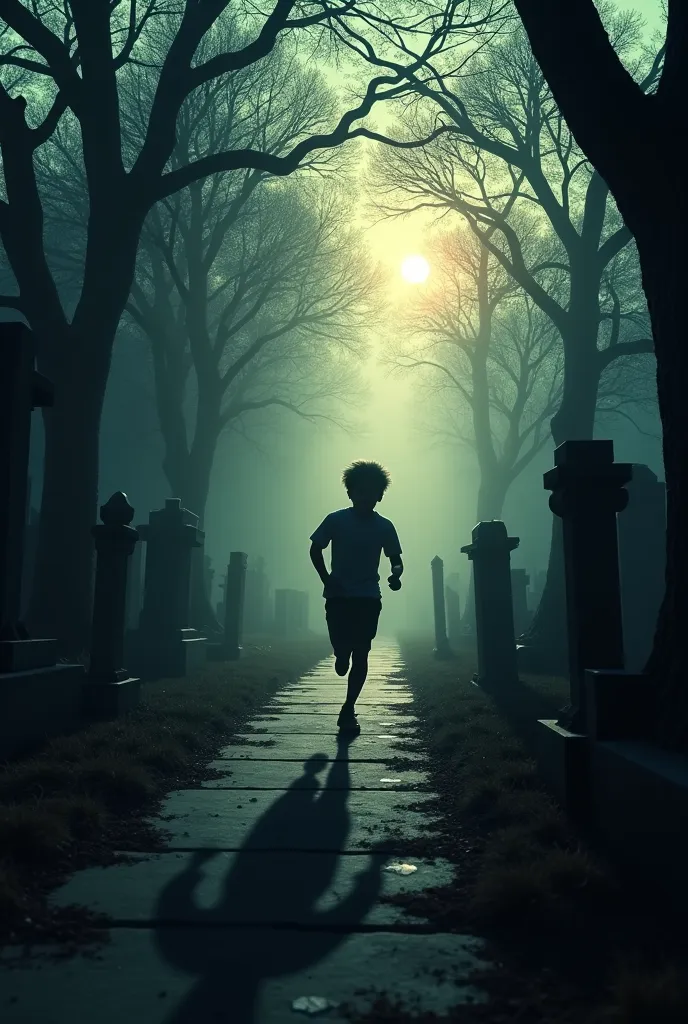 realistic, A dark cemetery path at dusk, with the silhouette of a young person running away in fear, shadows stretching unnaturally behind them.