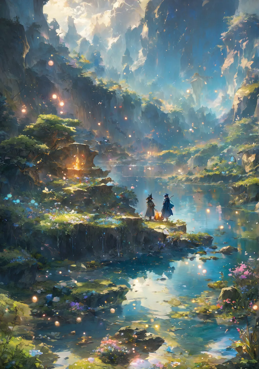 A wizard on a rock surrounded by bubbles and plants, The blue-haired girl wizard,  Anime Fantasy Illustrations ,  anime fantasy art , beautiful fantasy anime, Lake Wizard