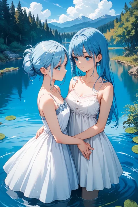  girls on the left、blue lake-like background、long hair、Blue hair color、Down-do、White camisole dress、