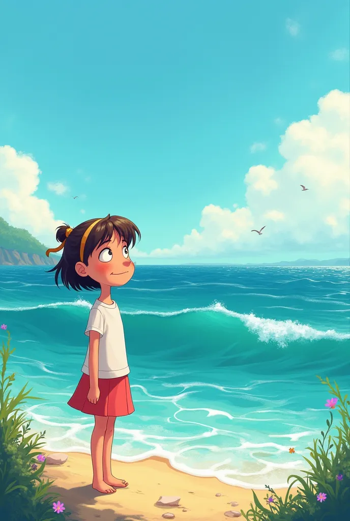 A cartoon about the character of the book Celui qui n'avait jamais vu la mer while she was standing away from the sea and her eyes were very surprised and happy when she saw the sea for the first time