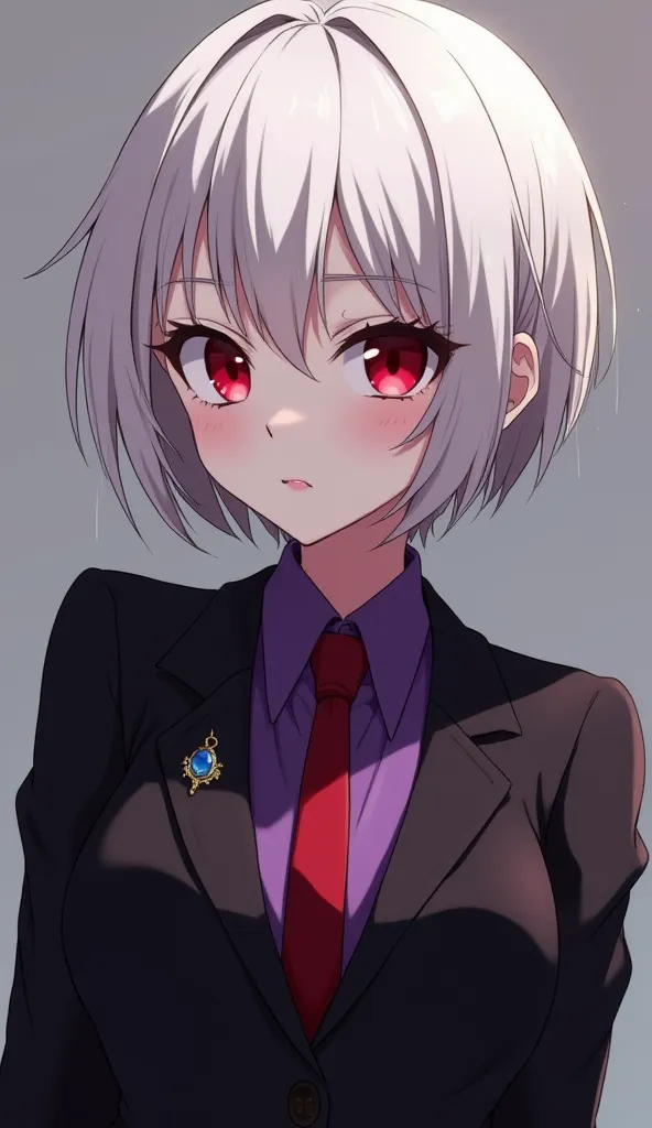  Light-skinned girl ,  short white hair, eyes red as blood, with an expressionless face and an arrogant twinkle in his eyes, wearing a black suit with a purple shirt underneath and a red tie on top, with bust size 38D and with sapphire necklace, full body....