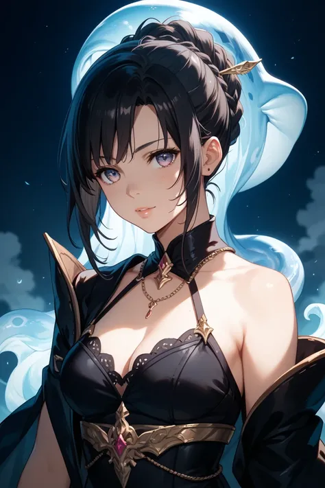 A dark-haired girl with a specter in the back that looks like Shikigami's whale bone