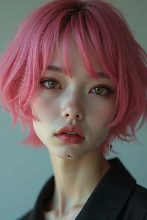 Ultra-realistic Japanese woman with short pink hair with mouth piercing