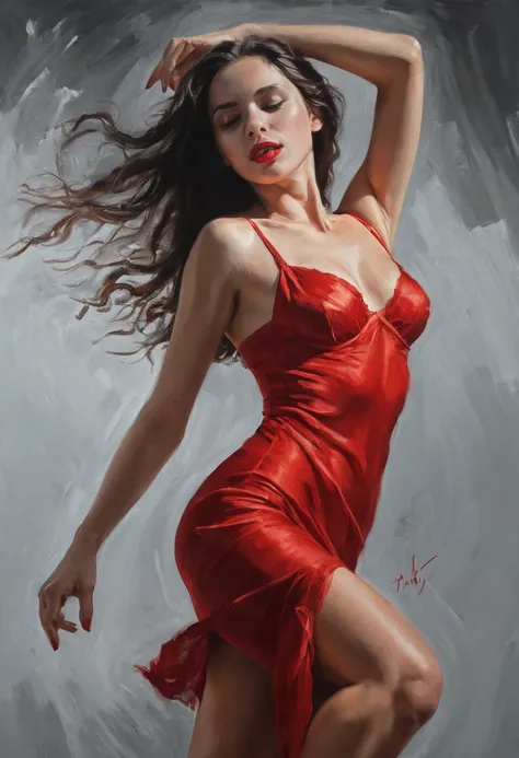 full figure motion, slow speed oil painting (a tango beauty), beautiful face, crazy tango pose, long hair in the wind, struggling to get out of her red lingerie with only a piece of cloth adorning her in her natural state, red lips, high perspective, shot ...