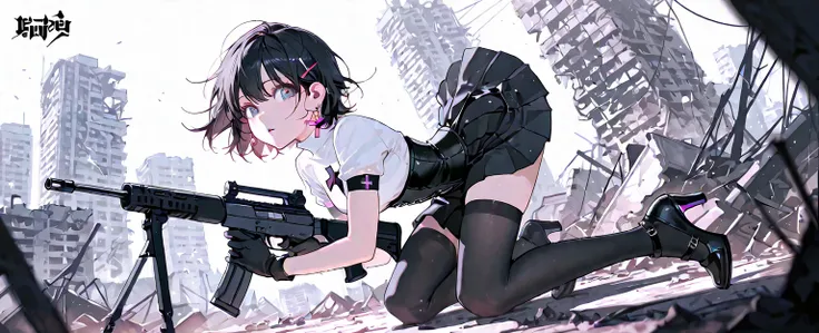 core_9, score_8_up , score_7_up , score_6_up , score_5_up , score_4_up ,  1girl , black short hair, cobalt eyes, white short sleeve turtleneck undershirt,white arm cover, black shiny corset, black pleated skirt, black gloves on both hands, black stockings,...