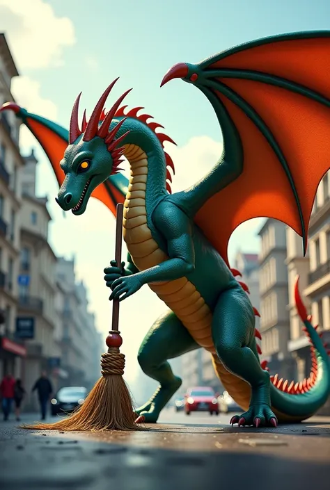 (masterpiece, illustration, best quality:1.2), detailed, intricate, 8k, HDR, cinematic lighting, sharp focus, photo, , (dragon, dragon holding broom, holding broom, dragon sweeping road with broom:1.2), broom, multiple wings, , detailed background, road, (...