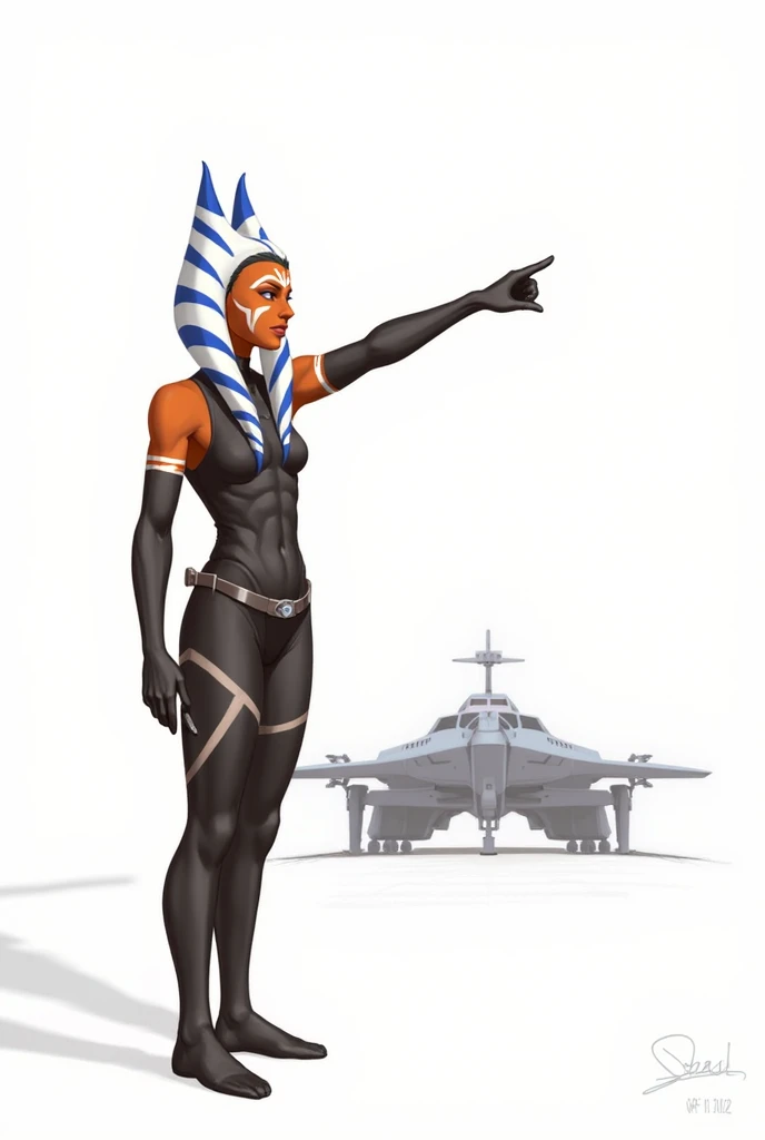 a colon by Ahsoka Tano from the Starwar Empire pointing to a ship, the background must be white ,  digital art