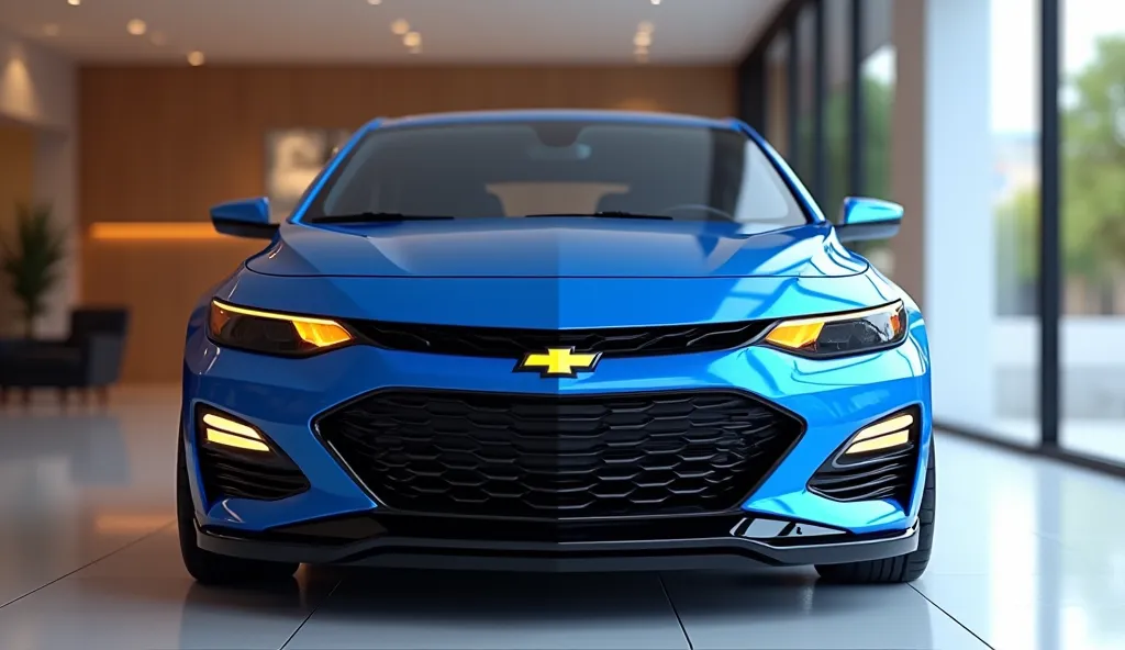 create an ultra-detailed 3D render, of a modern full front View of 2025 Chevrolet Malibu a bold design captured from full front  view. The Car should feature a '' Blue “ color with a 'Chevrolet ' logo on its front, black alloy wheels and sleek  yellow head...