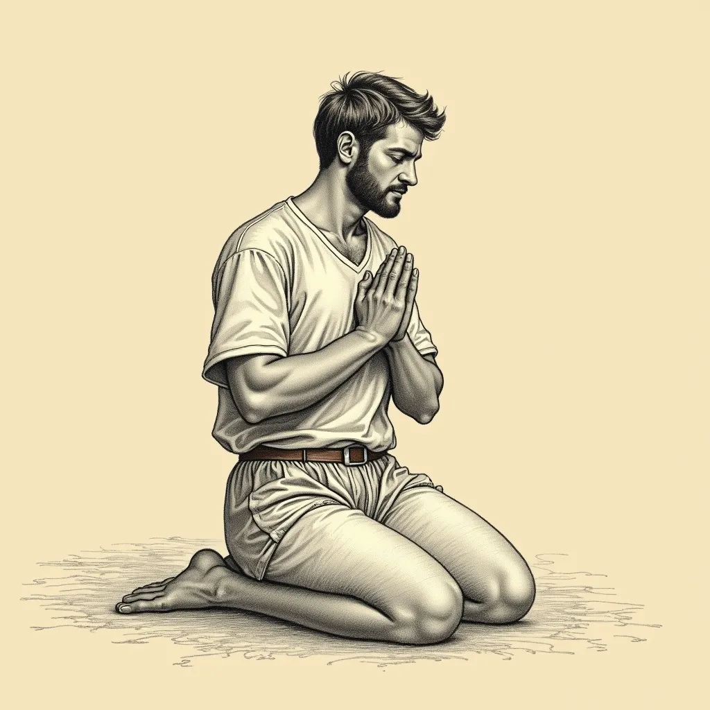  Frontal view, the character's features are clear and standard, the image is bright and high-definition.

This image presents a vintage style, with a pencil sketch portrait of an English male on his side, kneeling on the ground with his hands folded in a p...