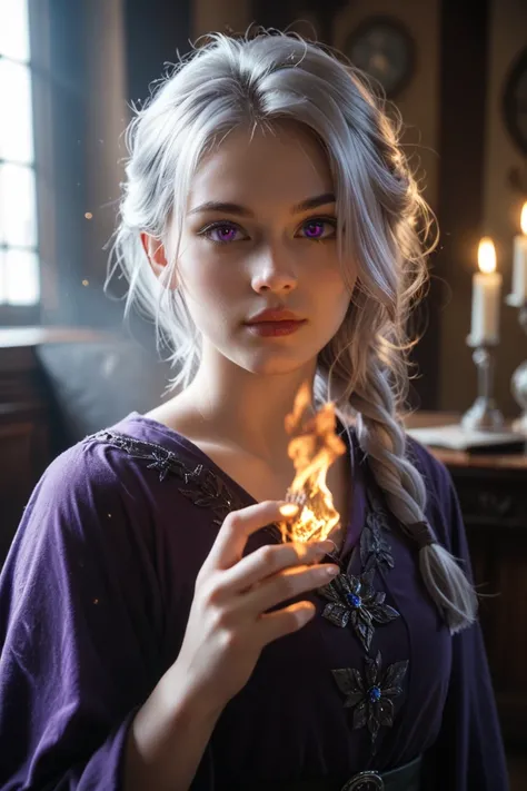 photo of a sorcerer casting magic, the left hand with ice effect, right hand with fire effect, she wearing a dark violet tunic made from velvet, she has long messy silver hair and purple eyes, cinematic lighting, vidid light