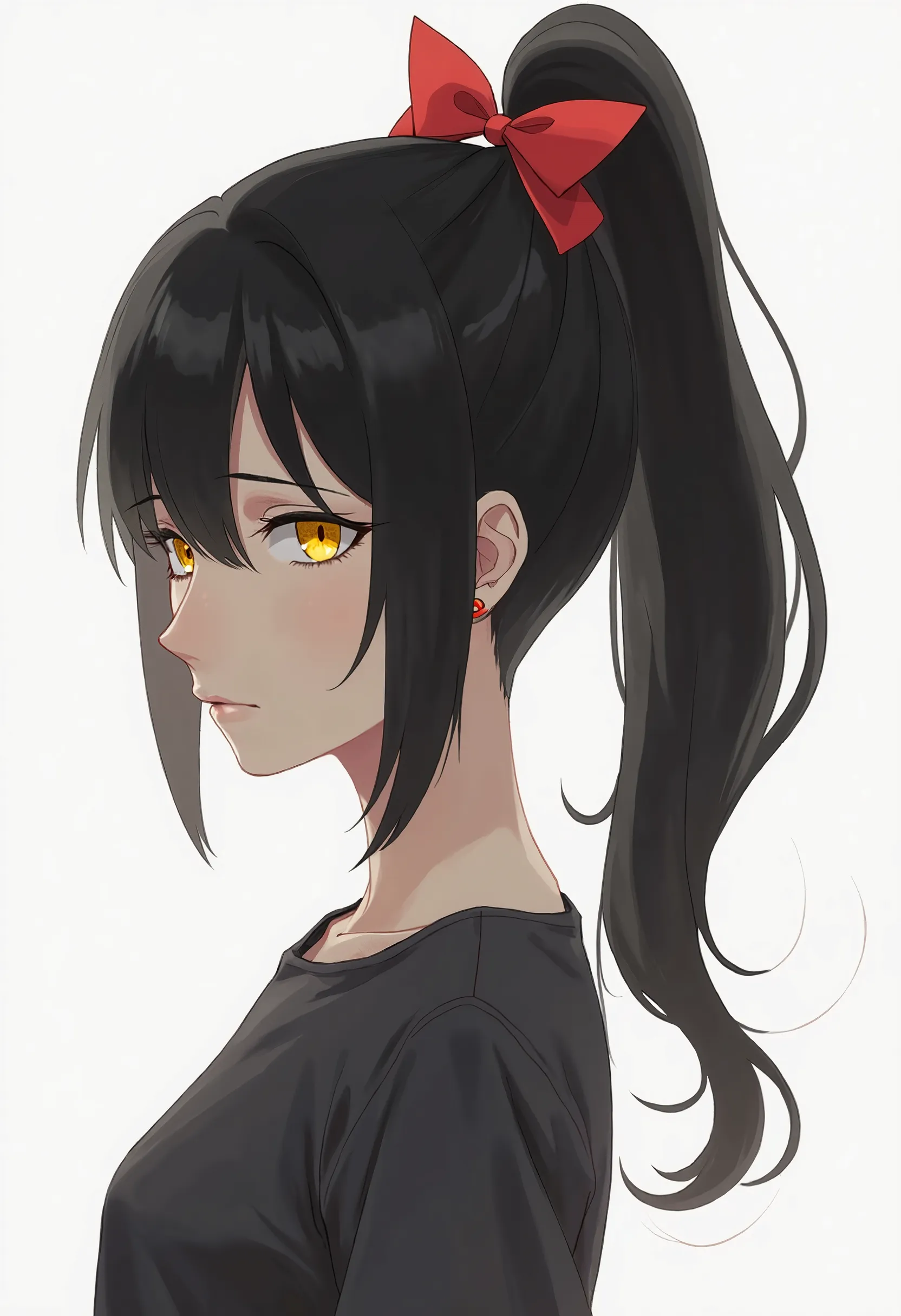 Me, Alone, 1 girl, yellow_ pupil , +_+, Black_The hair, High_Ponytail, red_hoa_The hair_ ornament 