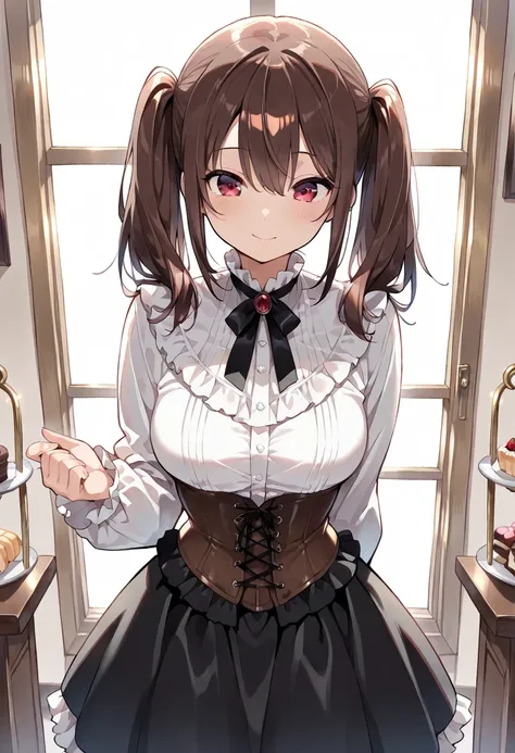 ((masterpiece, best quality, ultra detailed, high resolution, beautiful detailed face, beautiful detailed eyes, perfect hands, 4K)), (1 girl, solo), (medium breasts), (twintails), (blouse, corset, black tiered frill skirt), standing, arm behind back