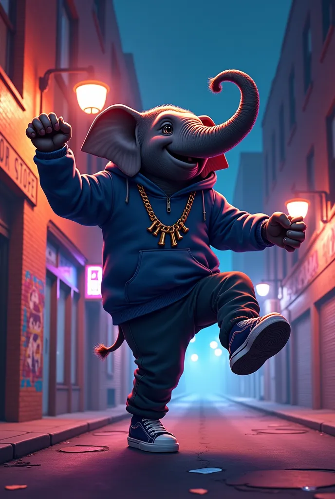 A digitally illustrated full-body image of a cool elephant dancing hip-hop on a city street at night. The elephant is wearing a stylish hoodie, sneakers, and a gold chain, striking a dynamic breakdancing pose with one leg in the air and its trunk swinging....