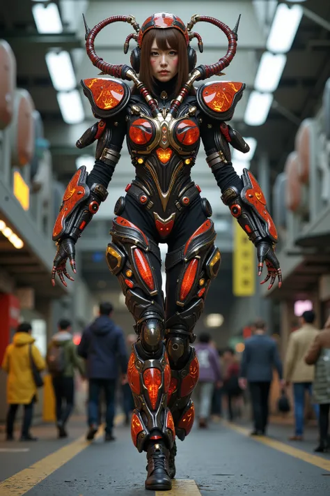 Masterpiece, top quality, 8k, Japanese woman in heavy armed jewel beetle-like animal bio suit, A machine is implanted in the living body, inverted jointed leg, vvivid color and vivid textures, ultimate realistic beautiful female face, bio-mechanical, ultim...