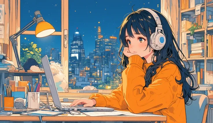  1980s comic ，rough pencil art ，The image is an illustration of a cute young woman sitting at a desk in front of a laptop. She is wearing a orange sweater with a pair of white headphones resting on her head, listening to music. She appears to be deep in th...