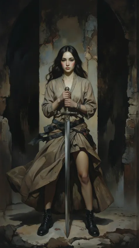  girl,alone，skirt, dark hair,,sword, Battle Pose ,