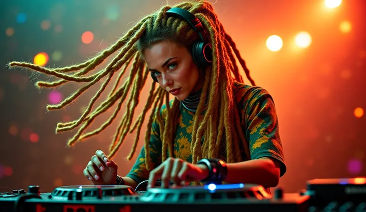 create the image of a female DJ , With headphones in the ear of with blond dreadlock hair and clothes in reggae style and colors.
