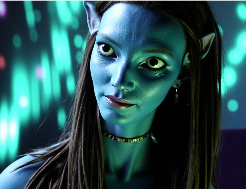 The photograph depicts an Avatar-style Neytiri te Tskaha Mo'at'ite girl of the Na'vi race, with a deep blue skin tone that shimmers softly in the moonlight. Her green eyes shine with a mysterious light, as if reflecting the magic of Pandora, and her long, ...