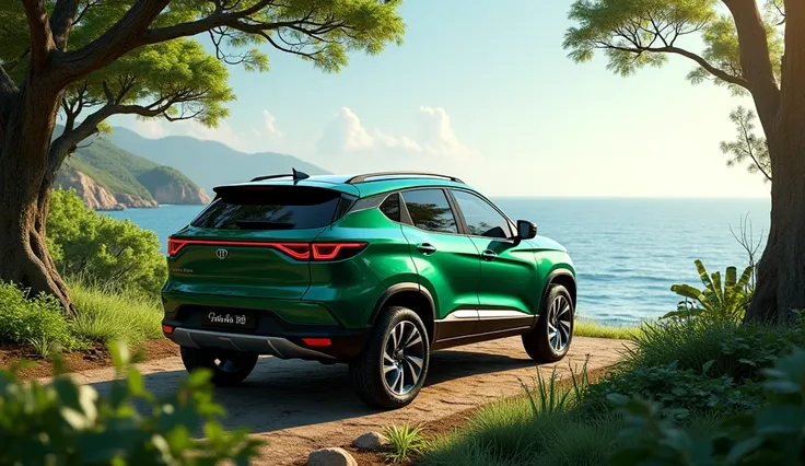  2025 Tata Sierra in Forest Green shining colour in high quality pics and the back background is natural ocean and sea side view and fully real and natural pic and car is BACK  view 