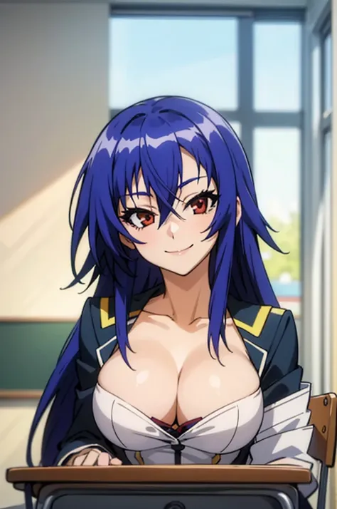 the best quality, masterpiece, retrato, 1 girl, Kurokami Medaka ,  red eyes, by the blue,  long hair, choke, Big breasts, ,  pronounced neckline ,  clothing trim ,  pleated skirt , classroom, looking at the spectator,  smile,
