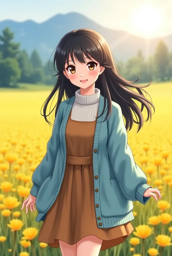 "A beautiful young woman with long, wavy black hair and fair skin, walking towards camera gracefully in a field of yellow flowers. She has large, expressive eyes with subtle makeup, soft pink lips, and a warm, gentle smile. She wears a cozy, oversized ligh...