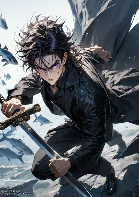 1man, swordsman, overcoat, black suit, black hair, messy hair, black clothes, purple eyes, sword focus, epic, nice details, 4k image, face detailed, full body, from above, fish eye, holding sword combat stance,