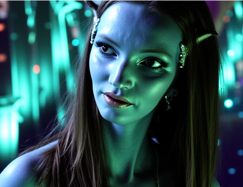 The photograph depicts an Avatar-style Neytiri te Tskaha Mo'at'ite girl of the Na'vi race, with a deep blue skin tone that shimmers softly in the moonlight. Her green eyes shine with a mysterious light, as if reflecting the magic of Pandora, and her long, ...