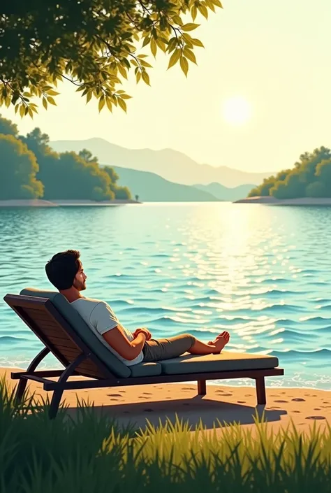 Man lying on the sun lounger, The lakefront waves its hand.