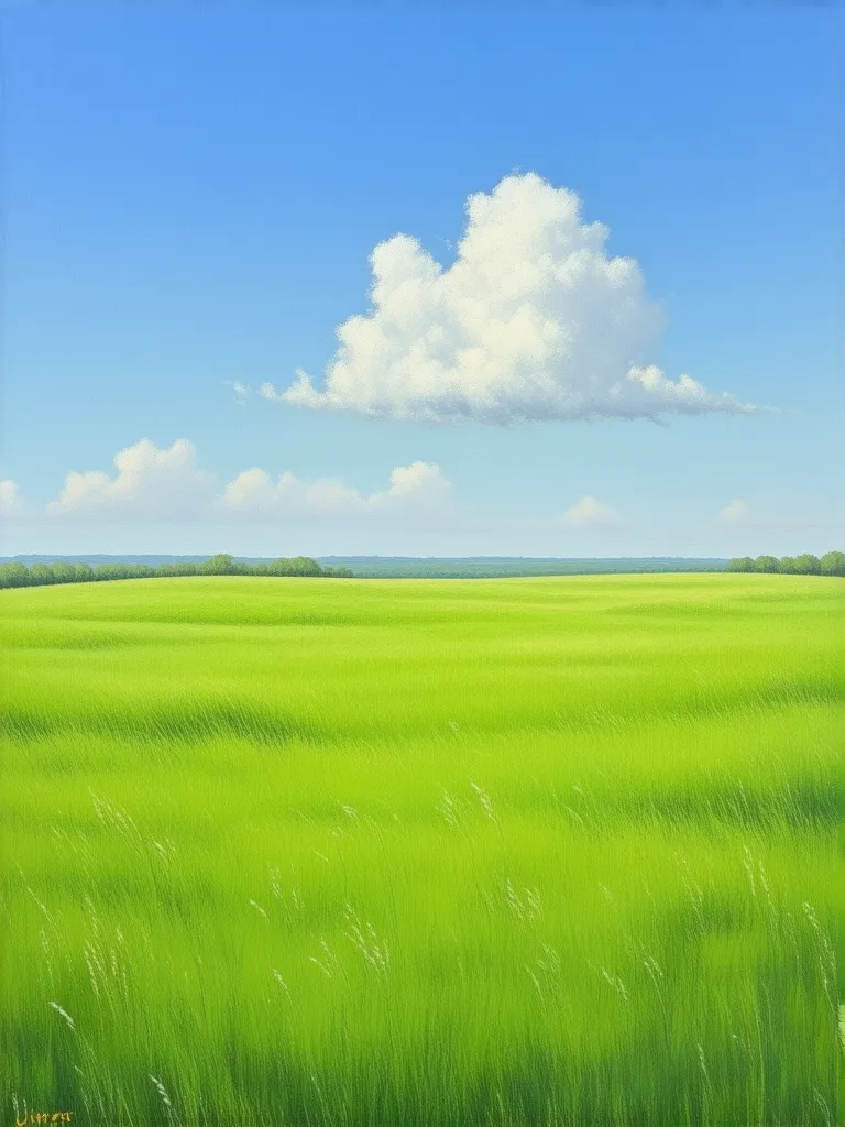  Vast Prairie , green carpet,  distant horizon , blue sky, One white cloud, Gentle breeze, simple, Pastoral,  Peaceful Scenery 