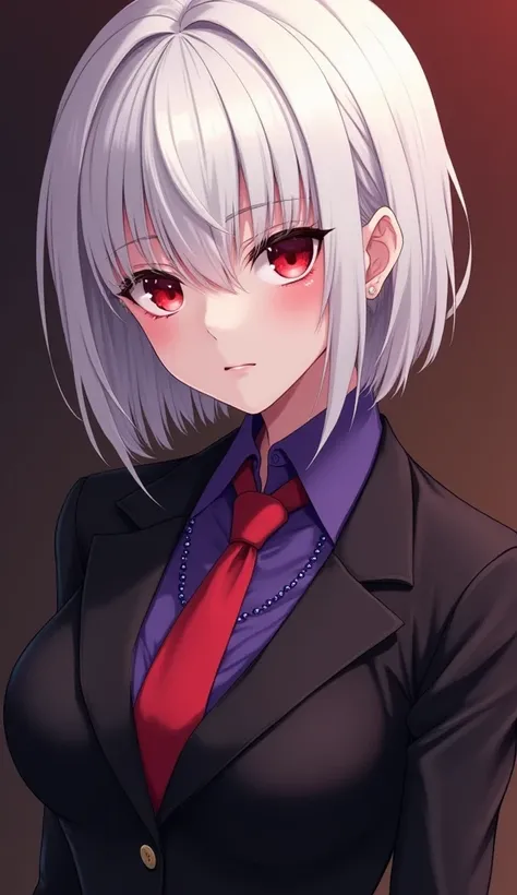  Light-skinned girl ,  short white hair, eyes red as blood, with an expressionless face and an arrogant twinkle in his eyes, wearing a black suit with a purple shirt underneath and a red tie on top, with bust size 38D and with sapphire necklace, full body....