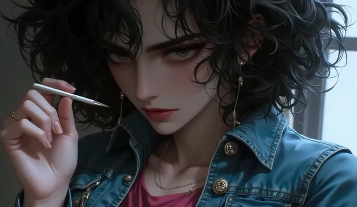 A close-up of Isabella's face, a black girl with frizzy hair, wearing a blue jeans jacket and a pink dress., a mixture of anger and determination in her eyes. She squeezes a pencil tightly as she looks at her stalkers