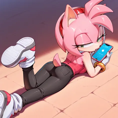 a young man laying on the ground with a cell phone in his hand, solo, 1girl, phone, lying, black pants, shoes, on stomach, pants, cellphone, white footwear,amy rose, furry female, pink fur, short hair, green eyes, pink hair,amy_rose, furry female, furry, r...