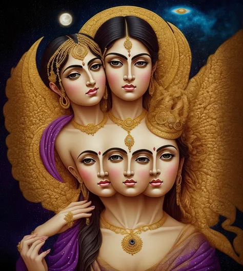 A stunning, divine fantasy painting of Rakini, the two-headed goddess (2heads:1.3), with a savli (dusky/grayish) complexion and long, flowing black hair. Both her faces are as radiant and beautiful as the full moon, exuding wisdom and celestial grace. She ...